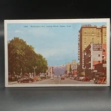 Vtg Linen Postcard Ogden UT Washington Ave Classic Cars Street View Plaza Hotel