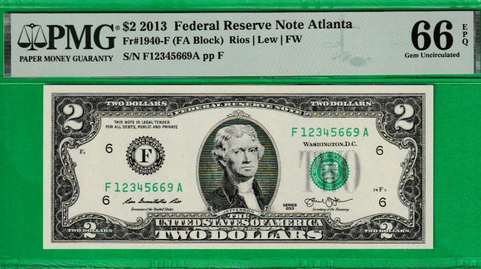 $2 TWO DOLLAR Federal Reserve note LADDER Serial Numbers 1-2-3-4-5-6-6-9 PMG 66 - Image 2 of 3