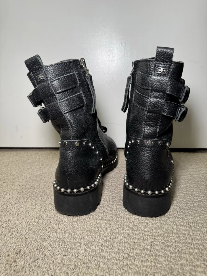 Sam Edelman Jennifer Studded Black Leather Combat Boots Buckle Strap Zipper 9 - Image 3 of 4