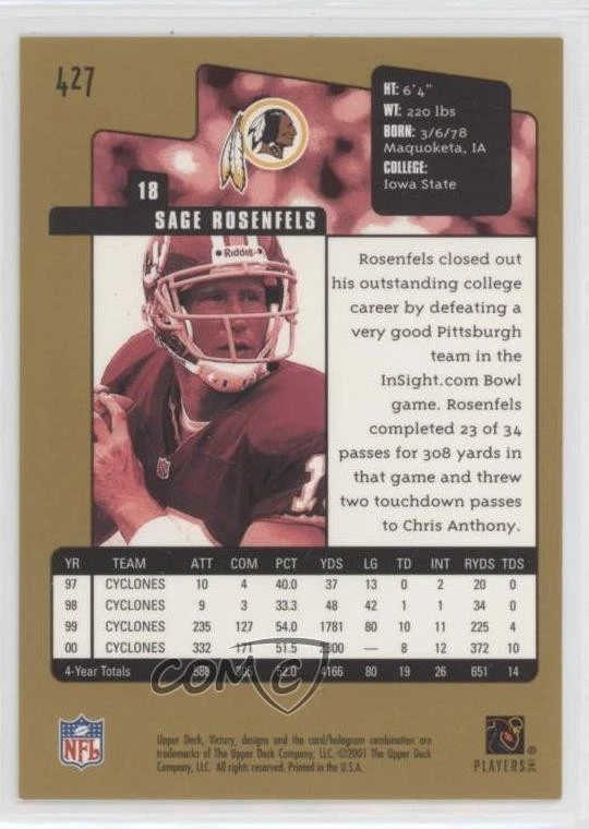 2001 Upper Deck Victory Victory Rookies Gold Sage Rosenfels #427 Rookie RC - Image 2 of 2