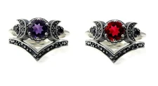 2 piece Ring Set Triple Moon Wiccan Goddess Witch Jewelry Red or Purple