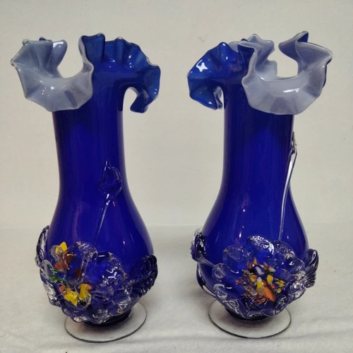 (2) Hand Blown Murano Glass Cobalt Blue Vases Ruffle Top Floral Vintage!