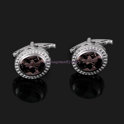 Natural Oval Smoky Quartz Gemstone 925 Sterling silver Cufflinks For Men's #4092