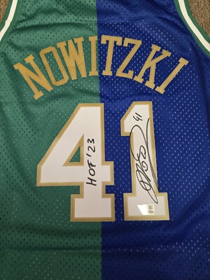 Dirk Nowitzki Maverick Signed HOF M&N Split Blue Green 1998-2019