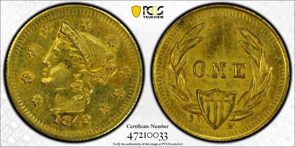 MIRA 1849 $1 Columbia Británica/California Gold/PCGS GOLD MS62 Greene-300 LR.7 Foto 2 de 4