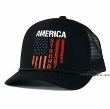 USA Flag Hat  AMERICA STRONG Foam Cap Mesh Trucker Snapback Baseball Cap- Black