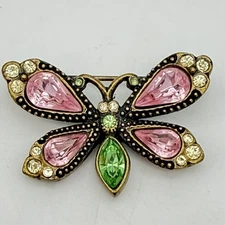 Vtg Sweet Romance Rhinestone Butterfly Brooch Pin Pink Green Stones