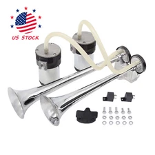 Loud Dual Trumpet Train Air Horn System Kit For Car Truck Chrome 12V /24V DC