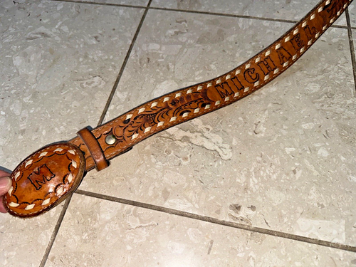 Vintage "Michael” Western Leather Tooled Belt with "M" Buckle 22-25" Brown - Picture 1 of 9