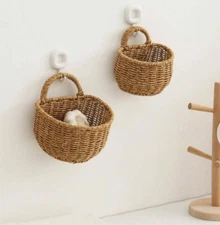 Handmade Woven 3PC Wall Hanging Storage Baskets Planter Decorative Metal Frame
