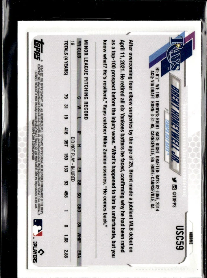 2021 Topps Chrome Purple Brent Honeywell Jr. Tampa Bay Rays RC #USC59 - Image 2 of 2