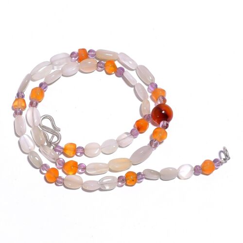 Natural Moonstone Carnelian Amethyst Gemstone Smooth Beads Necklace 17" UB-4411 - Picture 1 of 1