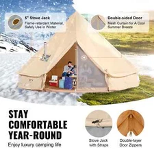 Canvas Bell Tent with Stove Jack, 16.4 ft, 8-Person, 4-Season Outdoor Shelter