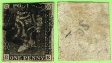GB #1 Penny Black, Black Maltese Cross, R/E letters, 3 Full Margins, No Faults