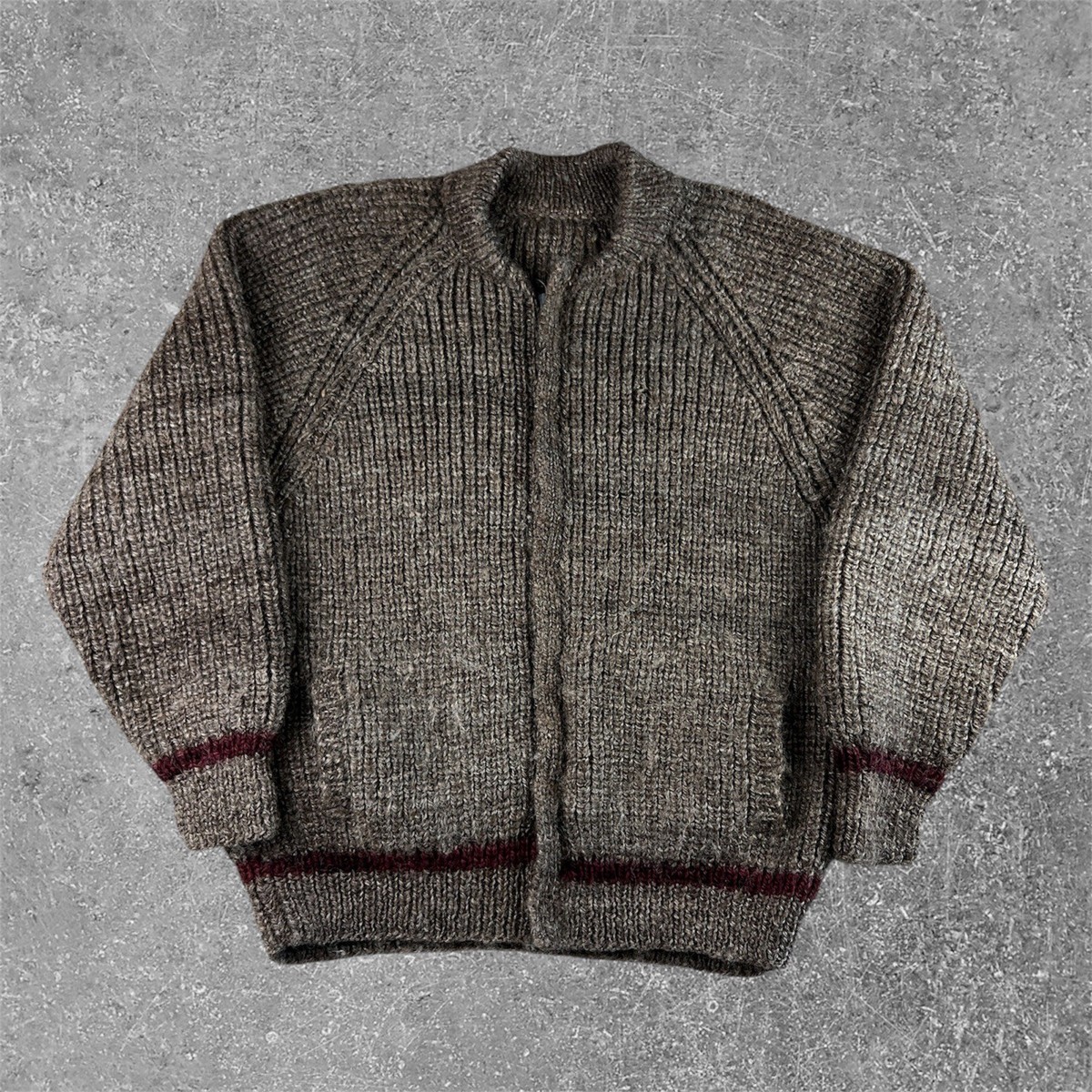 Vintage Chunky Wool Zip Up Cowichan Cardigan Sweater Brown Red 