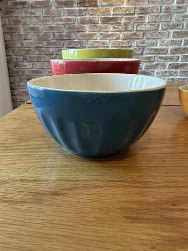 SET of 5 MAYFAIR & JACKSON STONEWARE /HEAVY RIBBED COLORFUL CERAMIC MIXING BOWLS - Foto 6 di 12