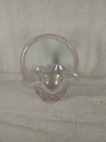 7.5" Fenton Opalescent Pink Inverted Strawberry Glass Basket 2005