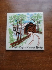 Vintage Mosaic Tile Trivet Covered Bridge on River on beige 6"x6"