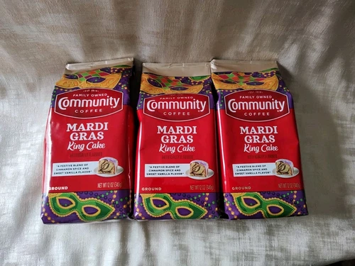 3 Bags Community Coffee Mardi Gras King Cake Ground Coffee 12 oz each