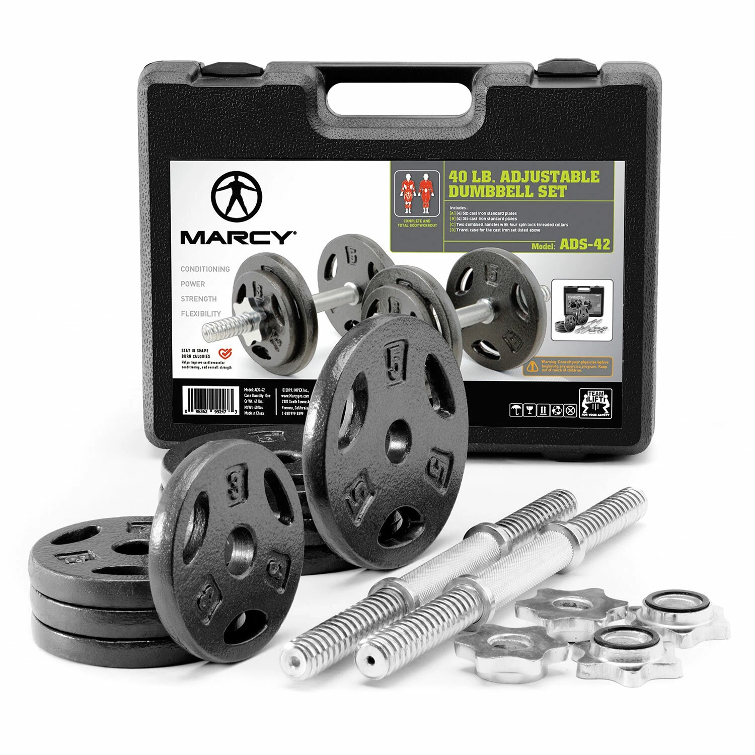 40 Lb. Adjustable Dumbbell Set pair Iron Weight w/ Case | Marcy ADS-42 Handles