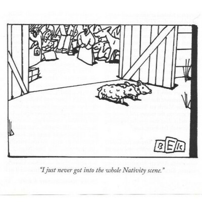 Two Animals Exiting Barn with Nativity Scene