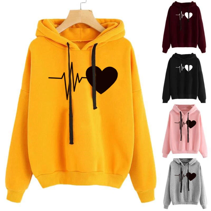 Heart Print Streetwear Hoodies Women Sweatshirt Spring Autumn Long Sleeve  Hoodie