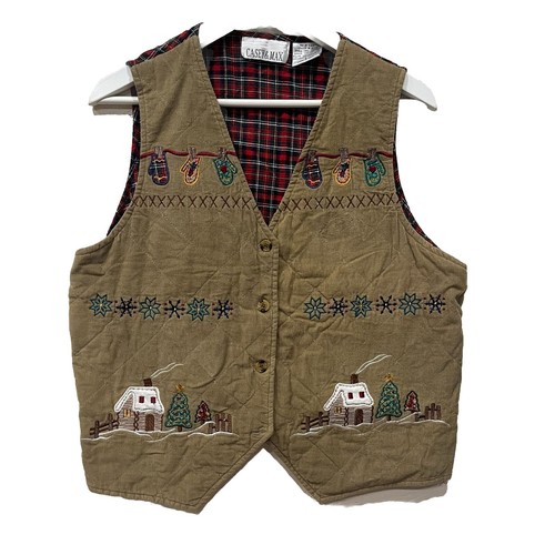 Vintage Christmas Embroidered Vest Corduroy Flannel Women's Size L Holiday Y2K
