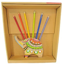 Elephant Pencil Holder Hand Painted Carved Mango Wood Colorful Desk Art NEW