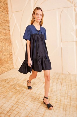 Ulla Johnson Damen Cyrus Volant Mini Kurzarm Kleid Schwarz Blau Baumwolle XS 0