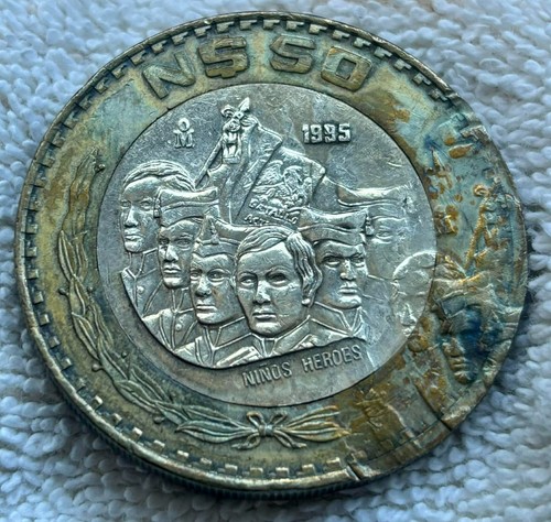 1995 MEXICO 50 PESOS  CENTRO PLATA BIMETAL TWO STRUCK  ERROR COIN
