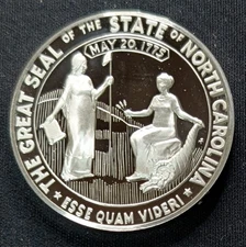 North Carolina State Silver Proof 33.2 g .925 Round ~ Franklin Mint 1975