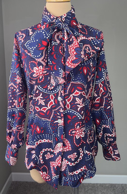 Vintage MOD Psychedelic Paisley Pussy Bow Tie Shirt Top S M