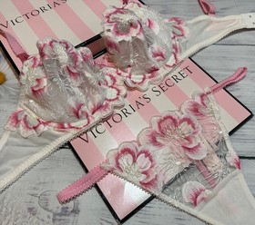 Victoria's Secret Wicked Peony Embroidery White Pink Unlined Bra Thong Set