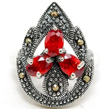 1CT Fire Garnet  Swiss Marcasite 925 Solid Sterling Silver Ring Sz 6,7,8,9 ZB8