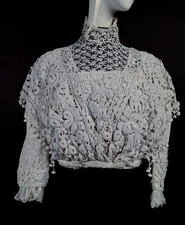 ANTIQUE EDWARDIAN HANDMADE WHITE CROCHET LACE BLOUSE W DANGLES & HIGH COLLAR
