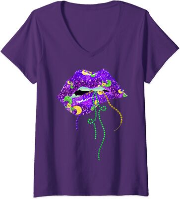 Mardi Gras Lips Queen Carnival Costume Purple & Gold Ladies' V-Neck Tshirt