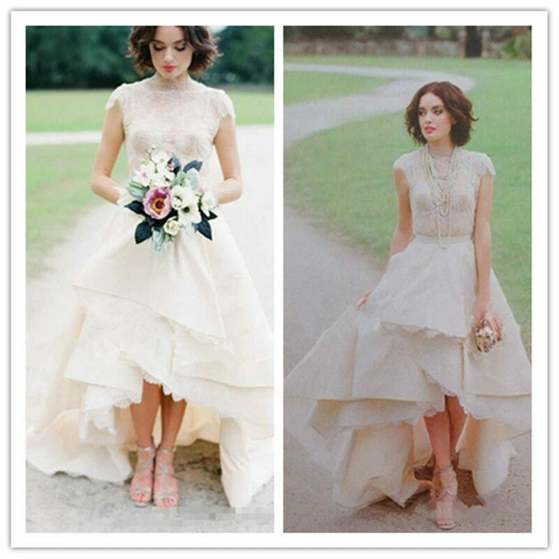 A Line Lace Layers Wedding Gowns Blush Ivory White Vintage Hi-Low Bridal Dresses - Image 2 of 4