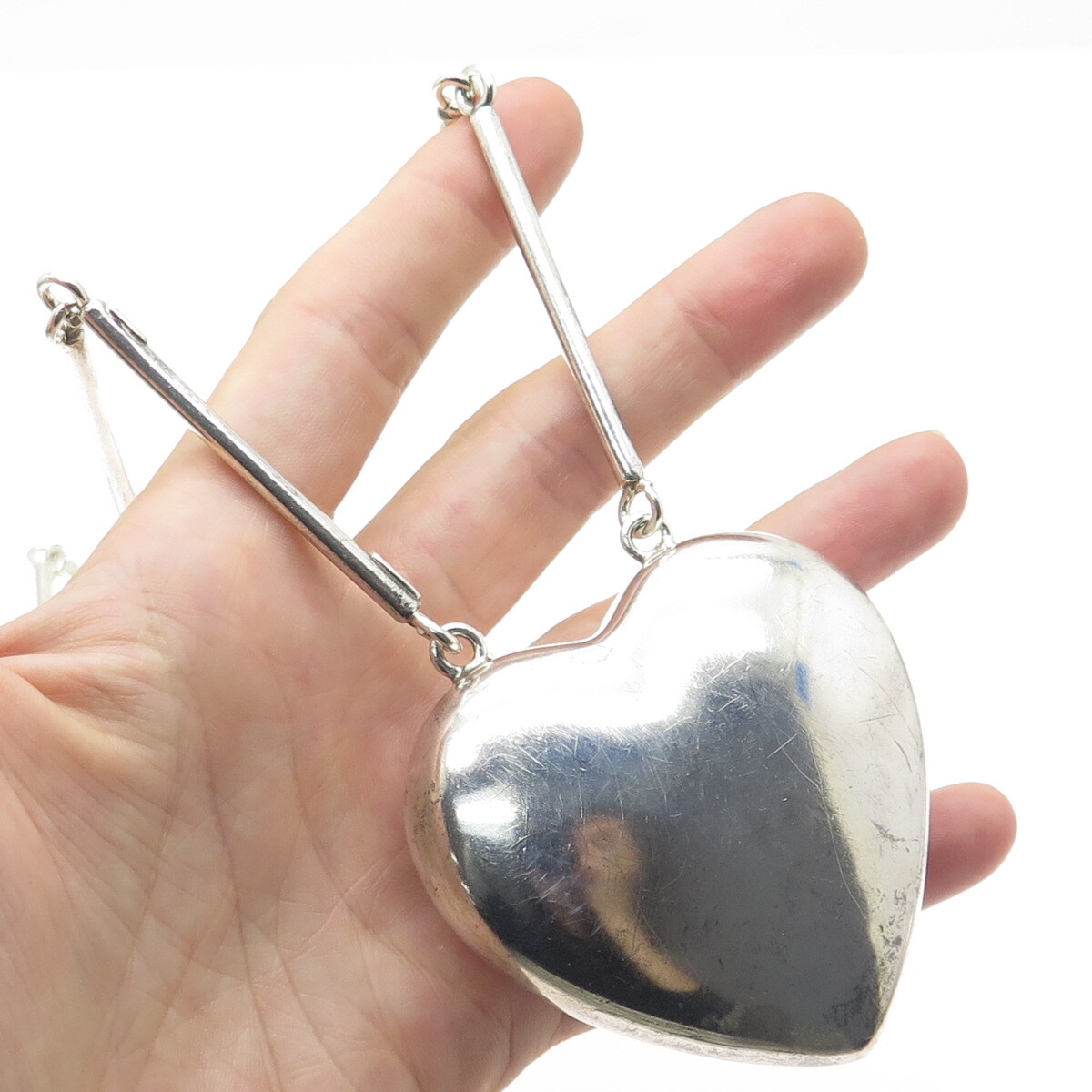【MEXICO SILVER 925】vintage ハートネックレスチャーム 925 Sterling Silver Vintage Mexico Puffy Heart Bar Chain