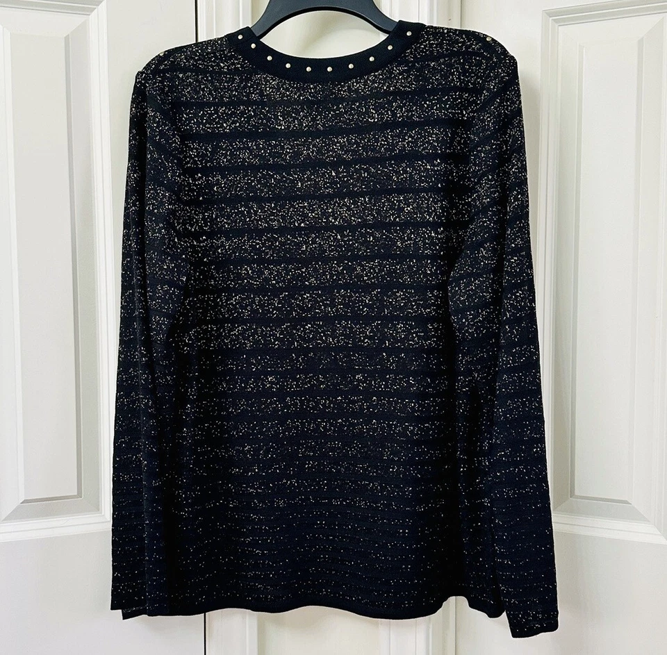 Ming Wang Studded Sparkle Stripe Metallic Knit Long Sleeve Statement Jacket, M - Image 2 of 4