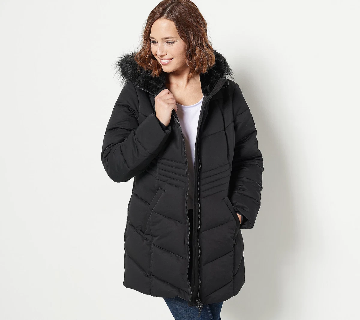 NEW Arctic Expedition M Chevron Quilted Down Parka Faux Fur Hood Black QVC 6834