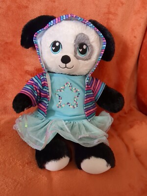 Build A Bear seltene aufrechte schwarz weiße Hundewelpe Herz Augenklappe 