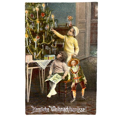 Antike Postkarte Heiligabend-Kinder Bescherung 1921 Kasper Figur Weihnachten AK