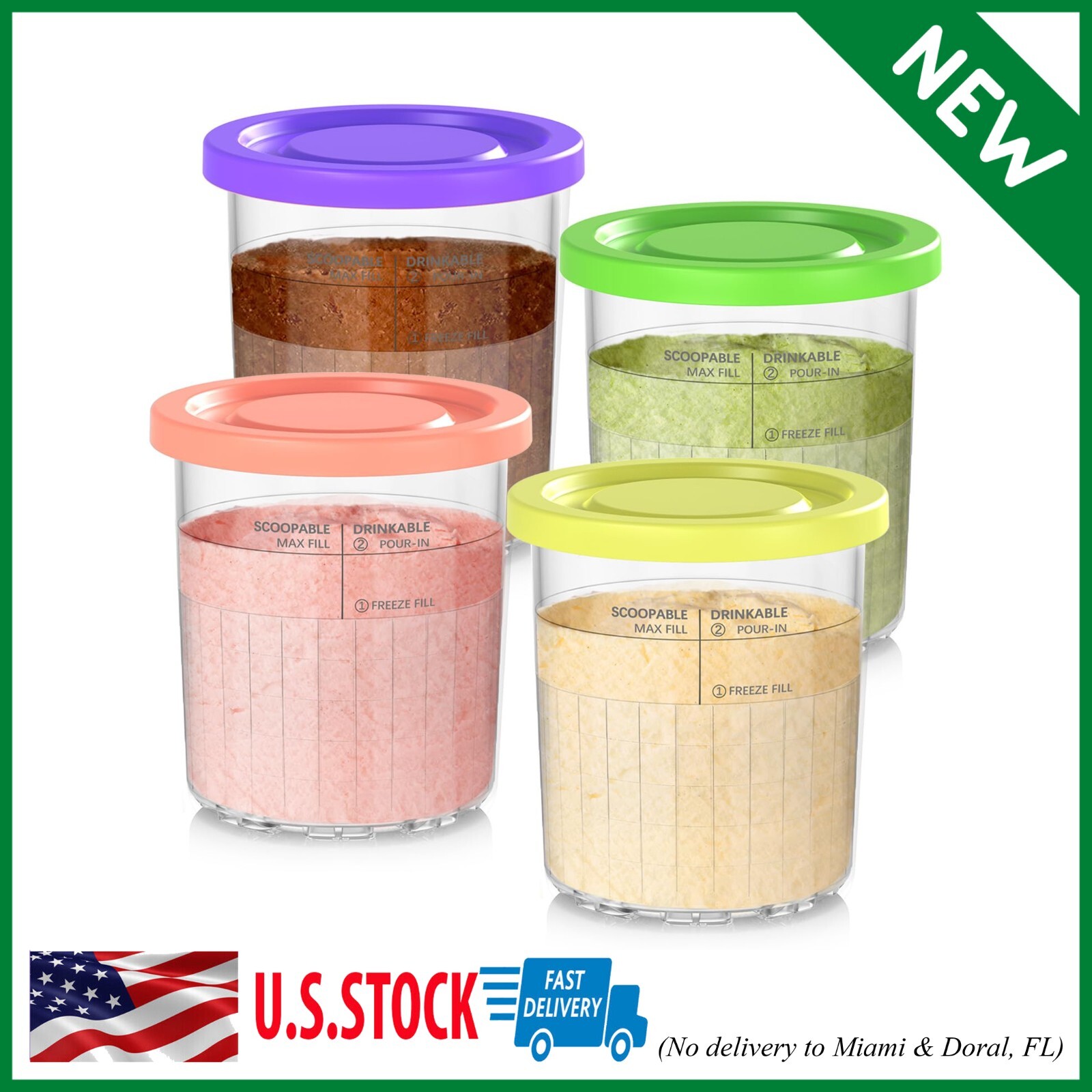 16OZ Replacement Containers for Ninja Creami Deluxe Pints, 4-Pack, Compatible with Ice Cream
