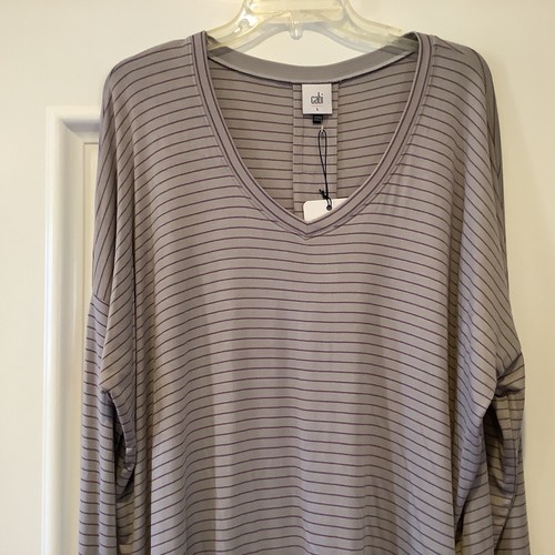 Cabi Plum Tee Top Size Large Pewter Stripe Style #4376 Long Sleeves Pullover NEW - Picture 3 of 10
