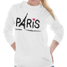 Paris Eiffel Tower French Romantic Graphic Long Sleeve Tshirt Tee for Women