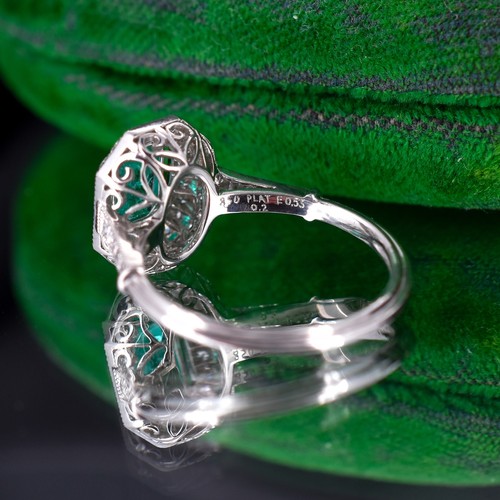 Art Deco Style Natural Emerald and Diamond Halo Platinum Ring - Picture 9 of 9