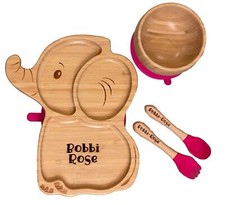 PERSONALISIERTES Saugplatten-Set Bambus Elefantenform f&uuml;r Baby Entw&ouml;hnung ROSE ROSA
