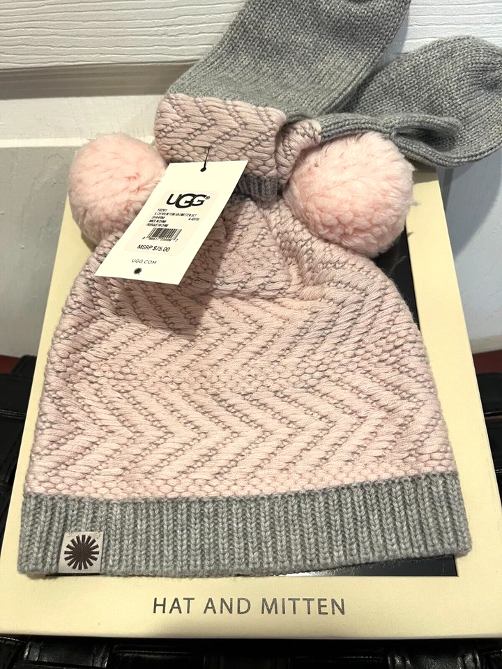 Conjunto de gorro e luva UGG meninas 4-6 anos malha cinza rosa novo com etiquetas - Imagem 2 de 3