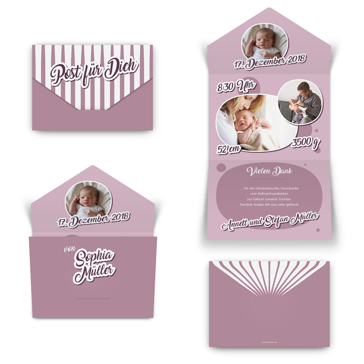 Geburt Dankeskarten Danksagungskarte Geburtskarte individuell Post für Dich Rosa