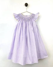 Petit Ami Yellow Lavender Check Bishop Smocked Angelwing Dress  4T